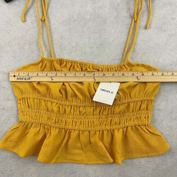 Forever 21 Yellow Smocked Knit Crop Top Medium Midriff Peplum Flair Strappy NWT - Picture 5 of 11
